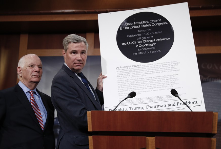 Sen. Ben Cardin, D-Md., left, and Sen. Sheldon Whitehouse, D-R.I., participate in a news conference on Capitol Hill in Washington, Wednesday, May 24, 2017. to discuss the Paris climate agreement. (AP  ...