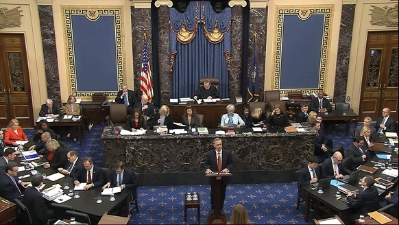 In this image from video, White House counsel Pat Cipollone speaks during the impeachment trial against President Donald Trump in the Senate at the U.S. Capitol in Washington, Tuesday, Jan. 28, 2020.  ...