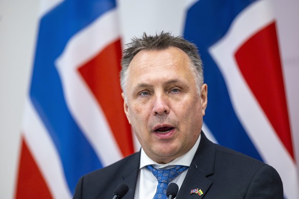 Norwegian Defense Minister Tore O. Sandvik speaks during a media conference with Lithuania&#039;s Defense Minister Dovile Sakaliene, at the Defense Ministry in Vilnius, Lithuania, Monday, May 19, 2025 ...