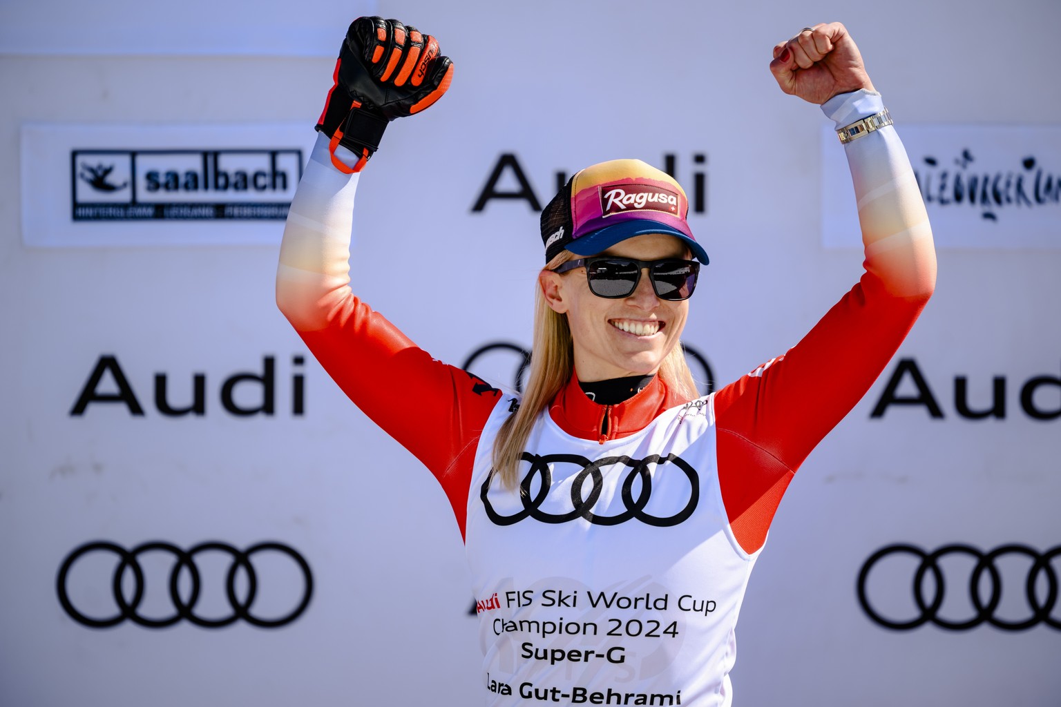 epa11236204 Lara Gut-Behrami of Switzerland celebrates for the women&#039;s super-g overall leader crystal globe trophy on the podium ceremony during the women&#039;s super-g race at the FIS Alpine Sk ...
