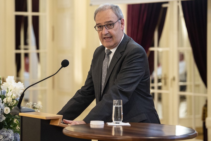 Bundespraesident Guy Parmelin spricht bei der Auszeichnung der Kulinarischen Meriten Award, am Montag, 21. Juni 2021, in Bern. Die Auszeichnung Kulinarische Meriten Schweiz ist die Belohnung, Ehrung u ...