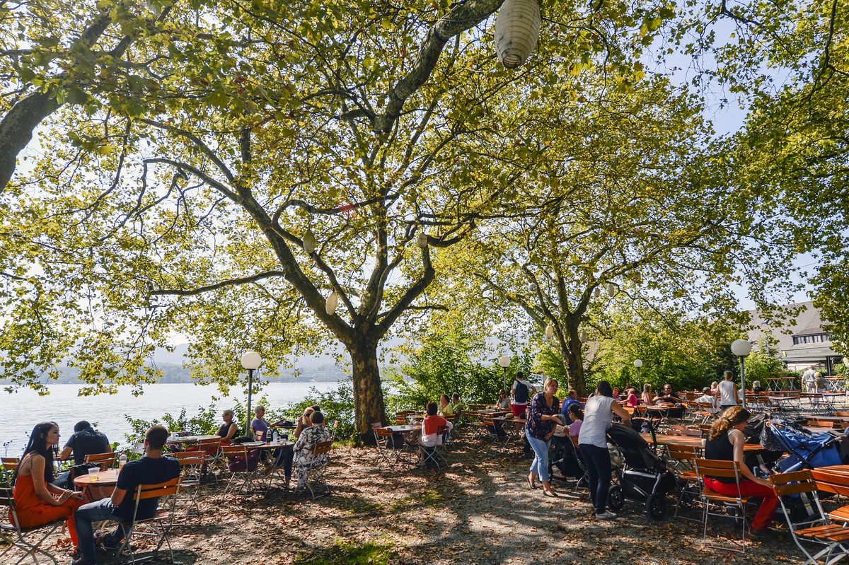 Menschen geniessen den herrlichen "Altweibersommer" unter Bäumen am Zuerichsee bei Zuerich am Dienstag, 16. September 2014. (KEYSTONE/Walter Bieri)