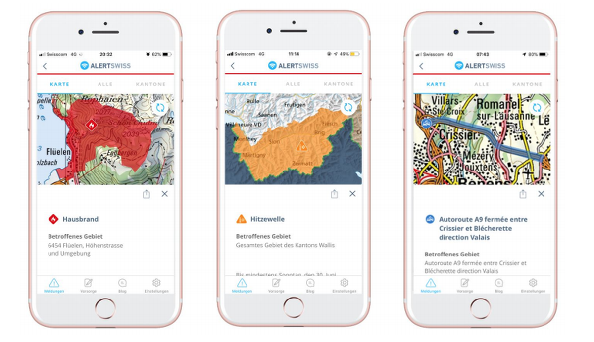 Die Warn-App Alertswiss des Bundesamtes für Bevölkerungsschutz