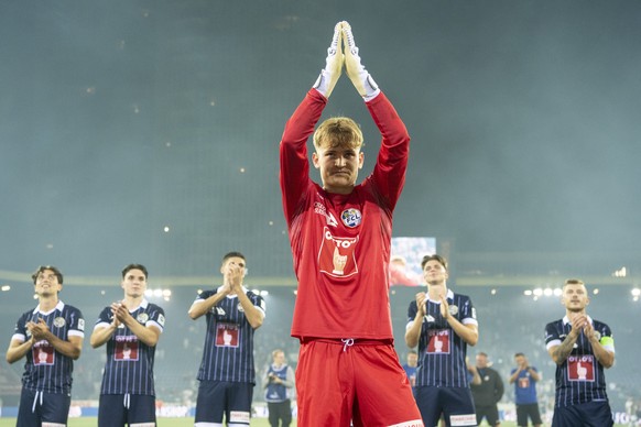 The players from Luzern with keeper Pascal Loretz reacts after the game at the Conference League game between Switzerlands`s FC Luzern against Djurgardens IF from Sweden at the Conference League Quali ...