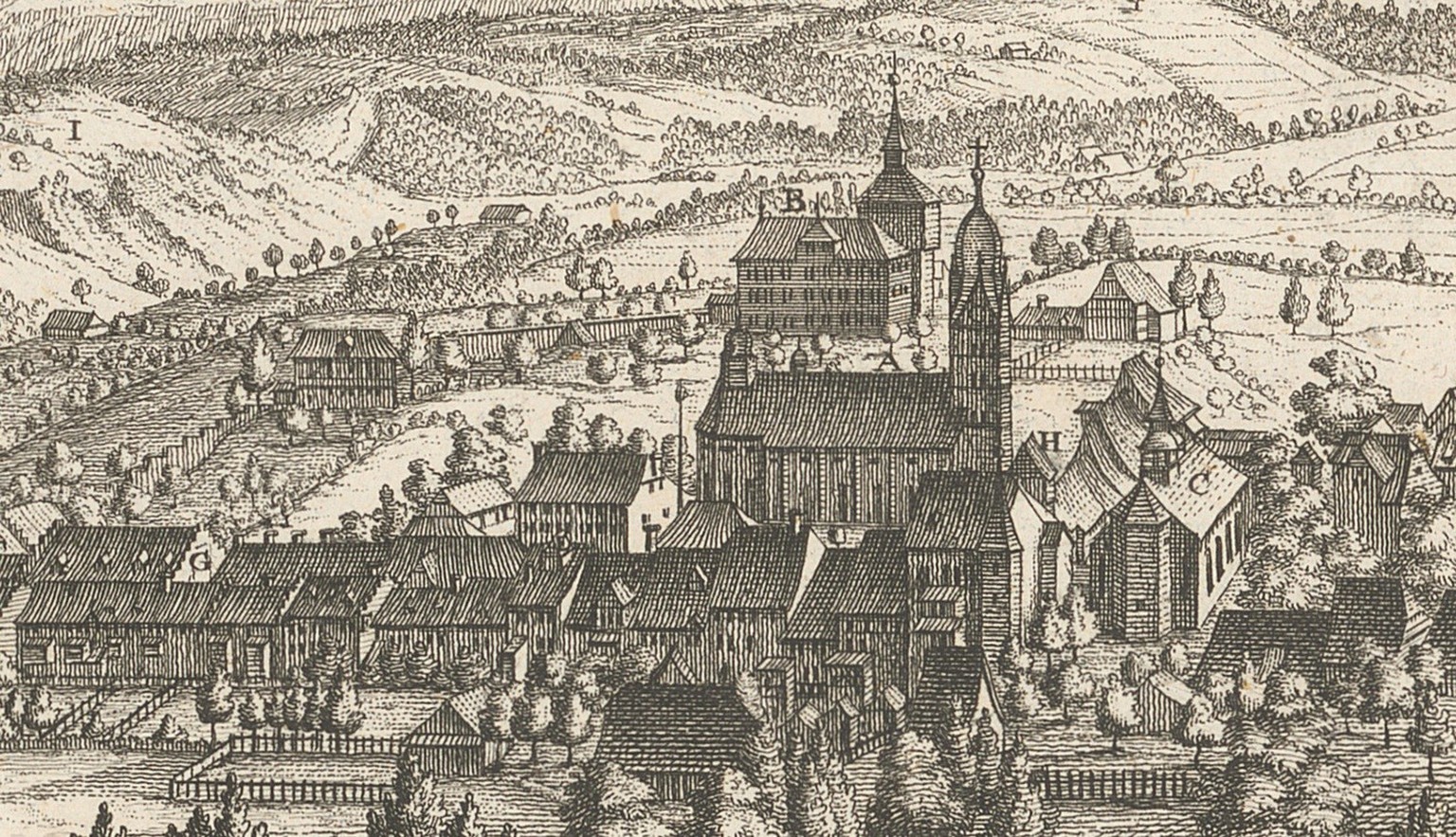 Willisau, oben das Landvogteischloss [B], 1695 angebaut an den bestehenden Chutzenturm, unten die Stadt. Repräsentative Architektur als Machtdemonstration. Deutlicher lässt sich das Gefälle zwischen O ...