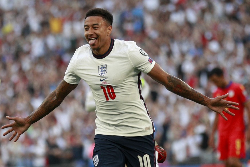 England&#039;s Jesse Lingard celebrates after scoring the opening goal during the World Cup 2022 group I qualifying soccer match between England and Andorra at Wembley stadium in London, Sunday, Sept. ...