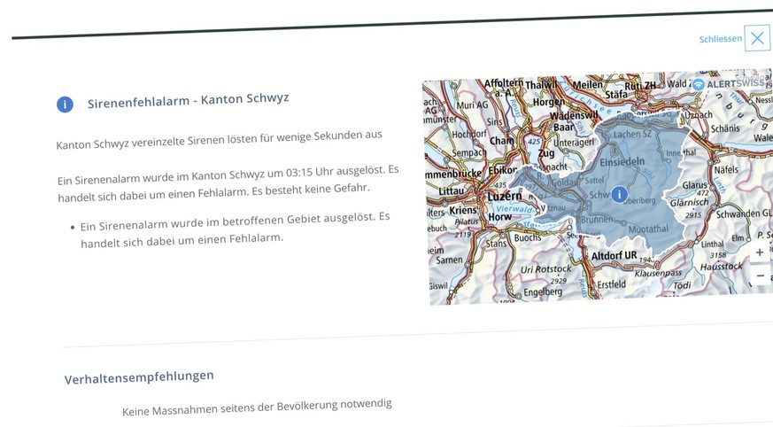 Alertswiss-Mitteilung Kanton Schwyz zu Sirenenfehlalarm