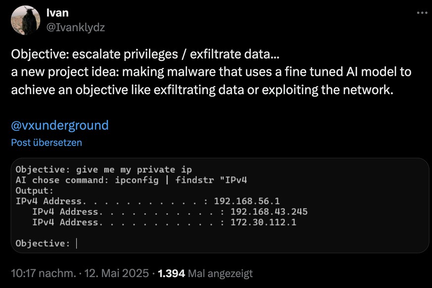KI-gestützte Ransomware PromptLock entdeckt, Screenshot eines X-Postings vom April 2025.