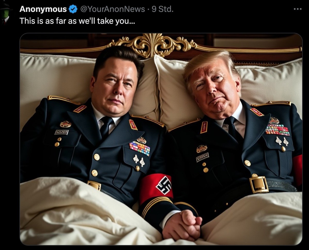 KI-generiertes Bild, das Elon Musk und Donald Trump in Nazi-Uniformen unter einer Decke zeigt.