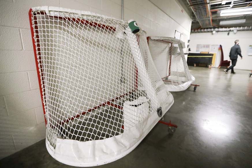 Goals used by the NHL hockey club Nashville Predators are stored in a hallway in Bridgestone Arena, Thursday, March 12, 2020, in Nashville, Tenn. The NHL announced Thursday it is suspending its season ...
