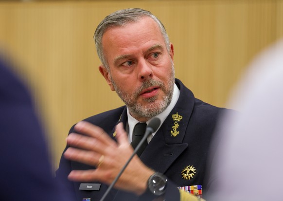 epa10723406 Chair of the NATO Military Committee, Admiral Rob Bauer during a press briefing on the integration of NATO and national military planning ahead of the NATO Summit in Brussels, Belgium, 03  ...