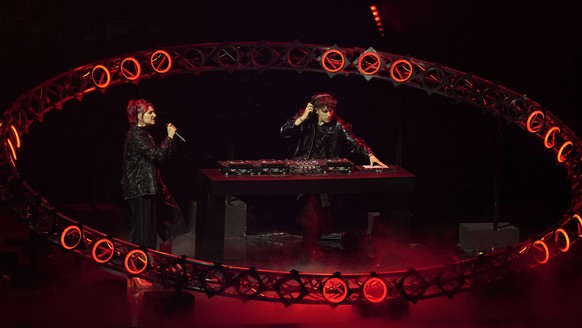 LUM!X and Pia Maria from Austria performs Halo during rehearsals at the Eurovision Song Contest in Turin, Italy, Monday, May 9, 2022. (AP Photo/Luca Bruno)