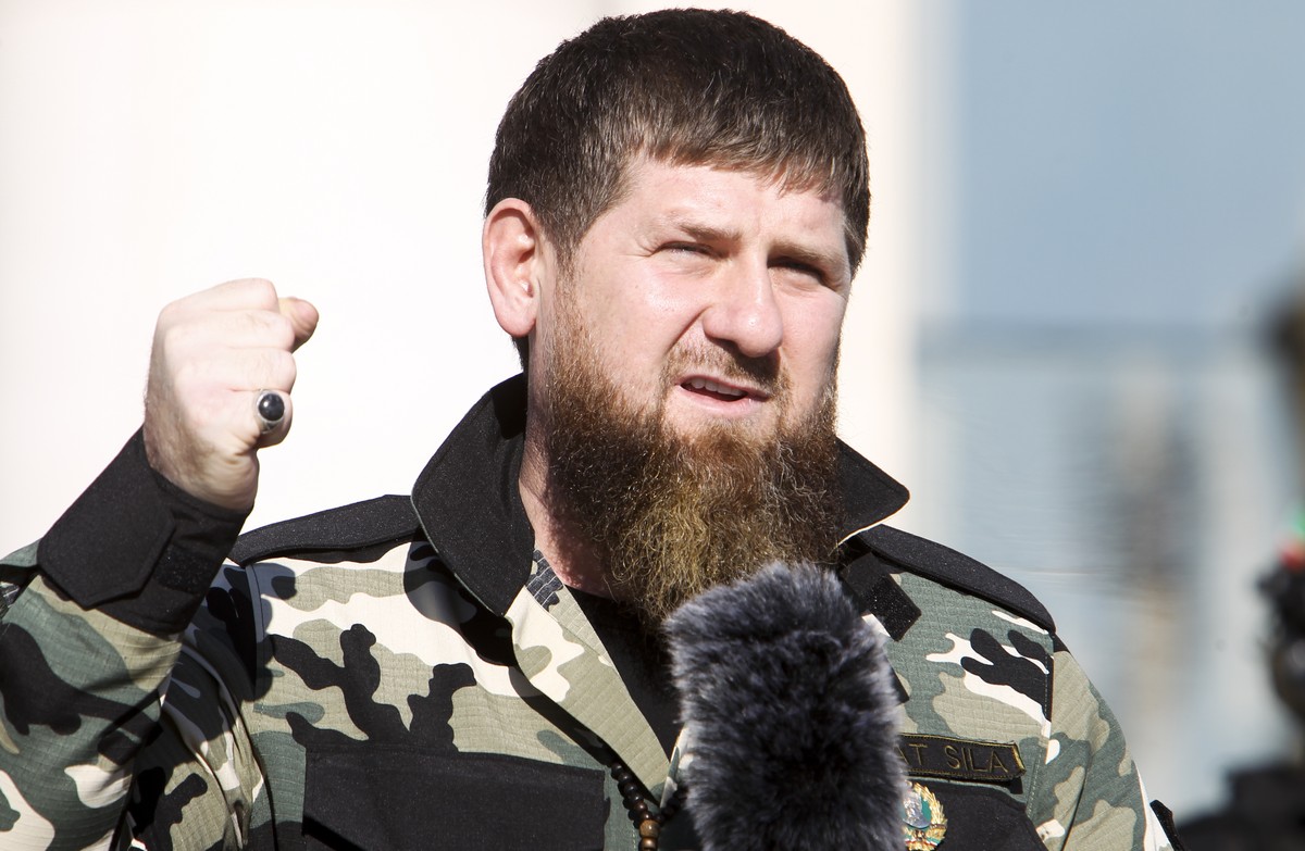 Ramzan Kadyrov, leader of the Russian province of Chechnya gestures speaking to about 10,000 troops in Chechnya's regional capital of Grozny, Russia, Tuesday, March 29, 2022. (AP Photo)