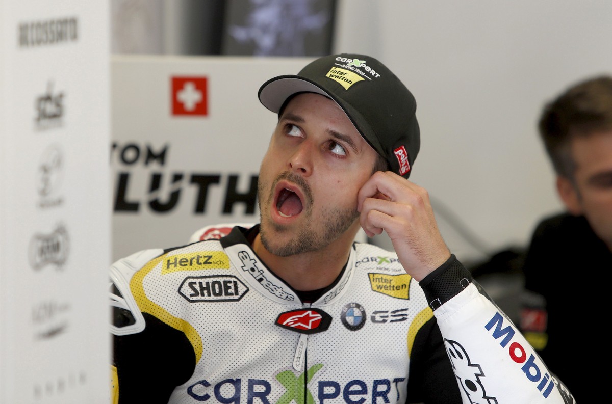 epa05946502 Swiss Moto2 rider Thomas Luethi rests in his garage during a free training session for Spain's GP race at Jerez de la Frontera's track, southern Spain, 06 May 2017. The race will ...