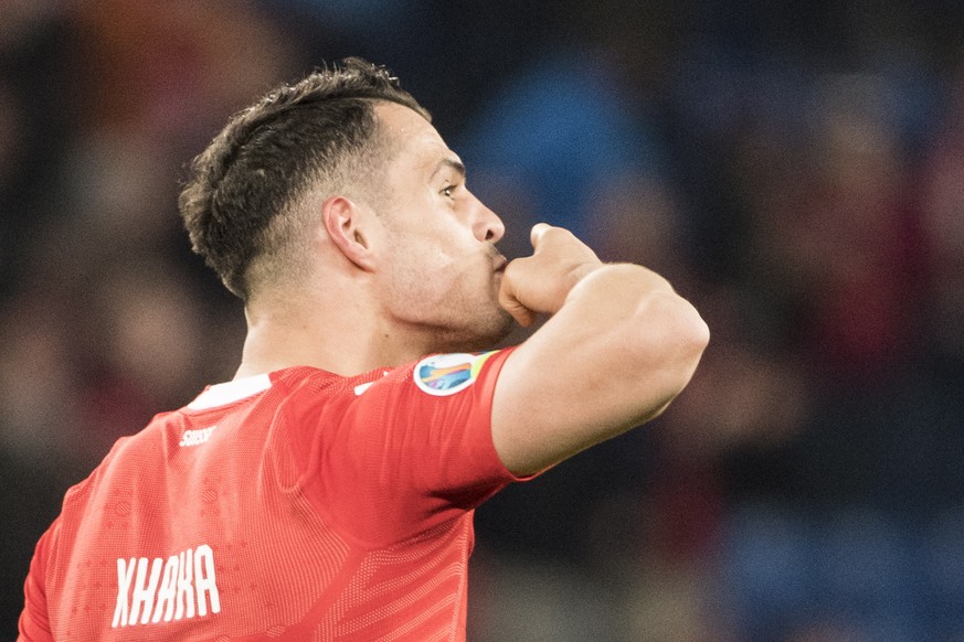 epa07465667 Switzerland&#039;s Granit Xhaka cheers after scoring the 2-0 goal during the UEFA Euro 2020 qualifying Group D soccer match between Switzerland and Denmark at the St. Jakob-Park stadium in ...