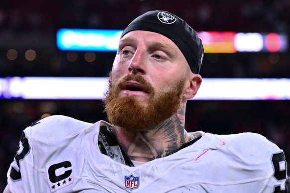 FILE - Las Vegas Raiders defensive end Maxx Crosby (98) looks on after an NFL football game against the Houston Texans, Sunday, Dec. 21, 2025, in Houston. (AP Photo/Maria Lysaker,File)
Raiders Texans  ...