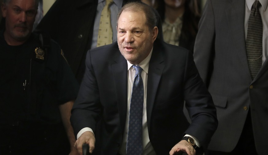 FILE - Harvey Weinstein arrives at a Manhattan courthouse for jury deliberations in his rape trial, Feb. 24, 2020, in New York. Nearly four years after Weinstein was convicted of rape and sent to pris ...