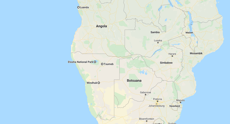 Ein Ausschnitt mit den letzten Stationen der beiden. Angefangen in Luanda in Angola (oben links), dann Windhoek, der Etosha National Park und der Ortschaft Tsumeb mit rund 13'000 Einwohnern.