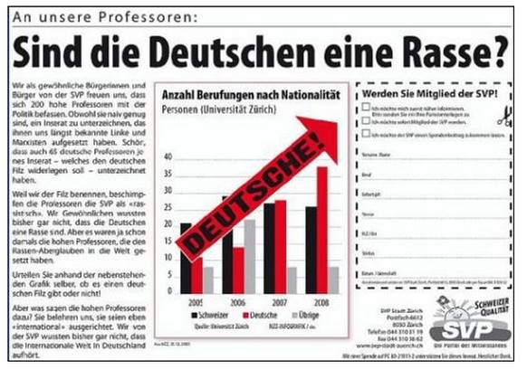 SVP-Inserat, das vor einer Flut deutscher Professoren an der Universität Zürich warnte.&nbsp;