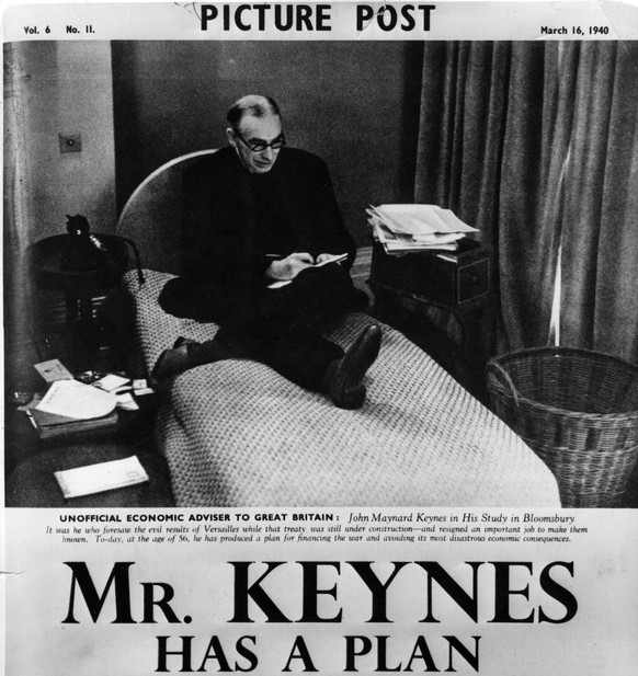 März 1940: Der englische Ökonom Keynes,« der inoffizielle Wirtschaftsberater Grossbritanniens», plant eine Kriegsfinanzierung, die ruinösen wirtschaftlichen Konsequenzen ausweichen soll. 