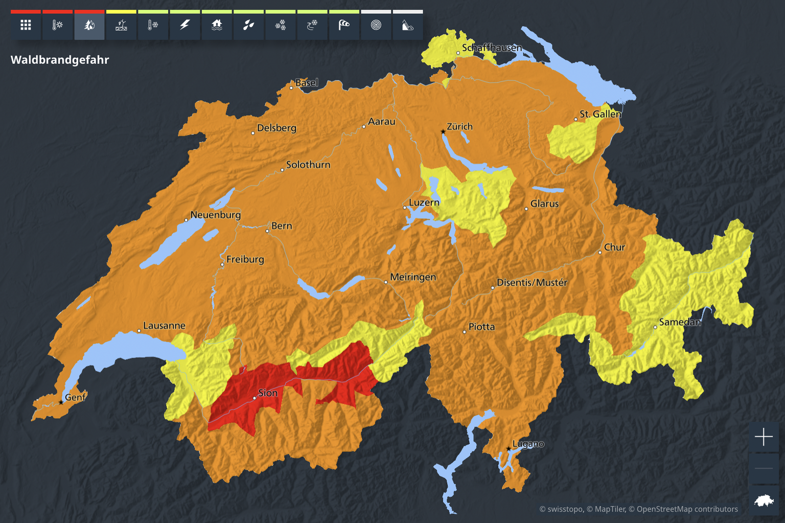 Die Waldbrandgefahr in der Schweiz am 23. Juni 2026.