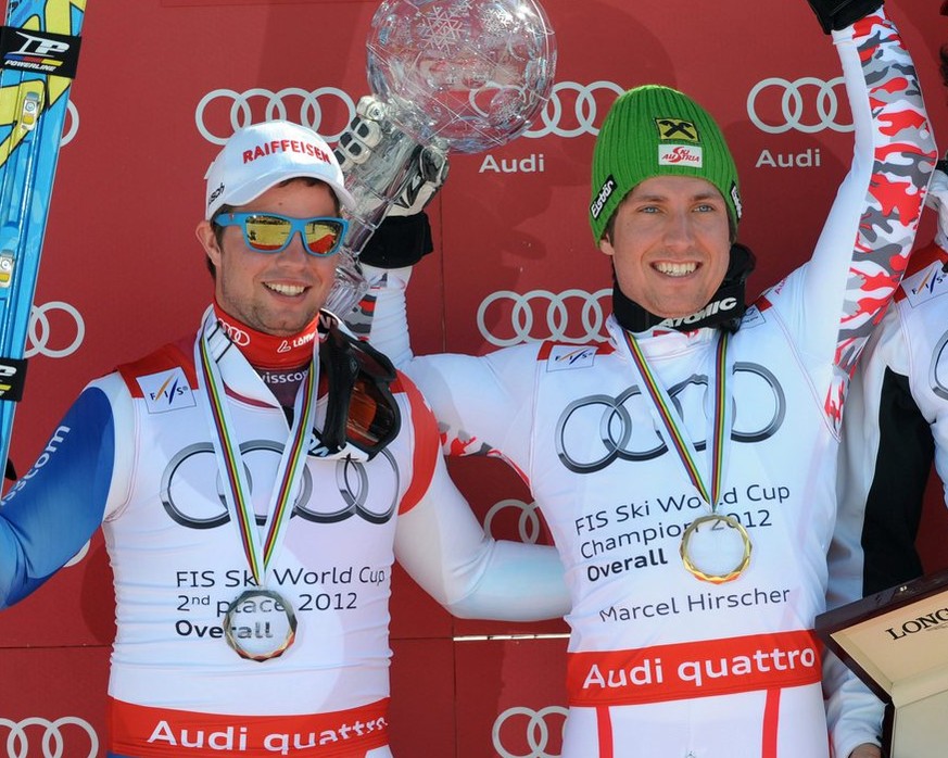 15.03.2012: Die grosse Kristallkugel liegt für Beat Feuz bereit – doch er stürzt und Marcel Hirscher ist da, um zu erben
