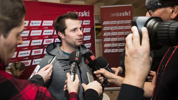 Beat Feuz of Switzerland speaks during a press conference of the Swiss-Ski federation at the 2019 FIS Alpine Skiing World Championships in Are, Sweden Monday, February 4, 2019. (KEYSTONE/Jean-Christop ...