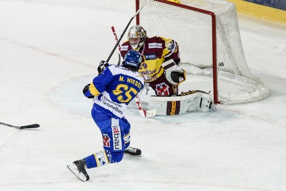 Der Cup-Frust ist vergessen.&nbsp;Marc Wieser bezwingt den Genfer Goalie Robert Mayer zum 2:0.