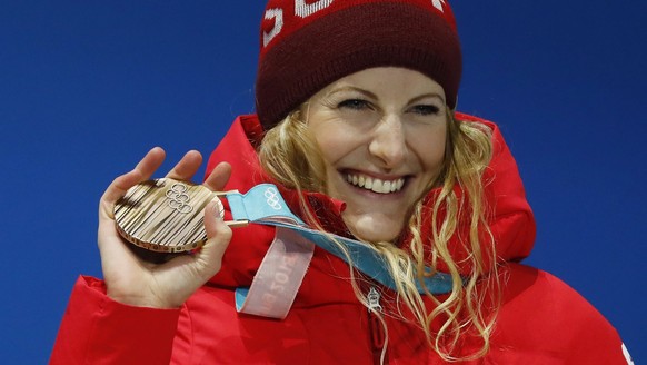 epa06558063 Bronze medalist Fanny Smith of Switzerland during the medal ceremony for the women&#039;s Freestyle Cross event at the PyeongChang 2018 Olympic Games, South Korea, 23 February 2018. EPA/DI ...