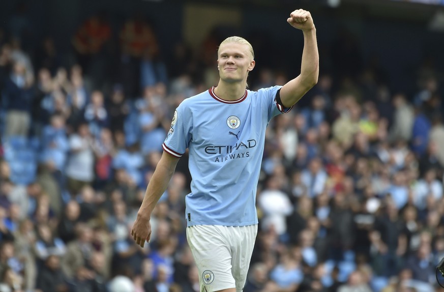 Manchester City's Erling Haaland celebrates at the end of the English Premier League soccer match between Manchester City and Manchester United at Etihad stadium in Manchester, England, Sunday, Oct. 2 ...