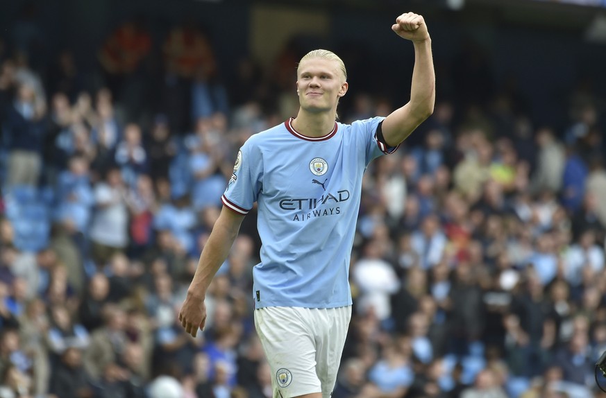 Manchester City&#039;s Erling Haaland celebrates at the end of the English Premier League soccer match between Manchester City and Manchester United at Etihad stadium in Manchester, England, Sunday, O ...