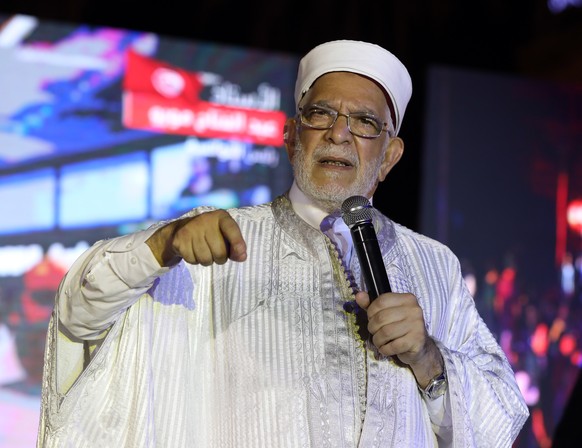 epa07840773 Vice-president of the Islamist party Ennahda, and presidential candidate Abdelfattah Mourou speaks during the last day of the presidential campaign in Tunis, Tunisia, 13 September 2019. Th ...