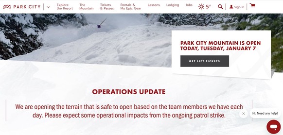 Das Skigebiet Park City informiert auf der Website über betriebliche Einschränkungen aufgrund des Streiks.