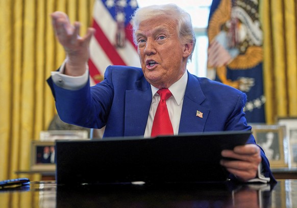 President Donald Trump speaks as he signs executive orders in the Oval Office of the White House Wednesday, April 9, 2025, in Washington. (Pool via AP)
Trump