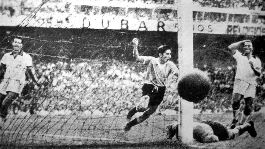 FILE.- Uruguay player Ghiggia scores during the World Cup Final, against Brazil, in the Maracana Stadium in Rio de Janeiro, Brazil, July 16, 1950 . Uruguay defeated Brazil 2-1 to win the 1950 World Cu ...