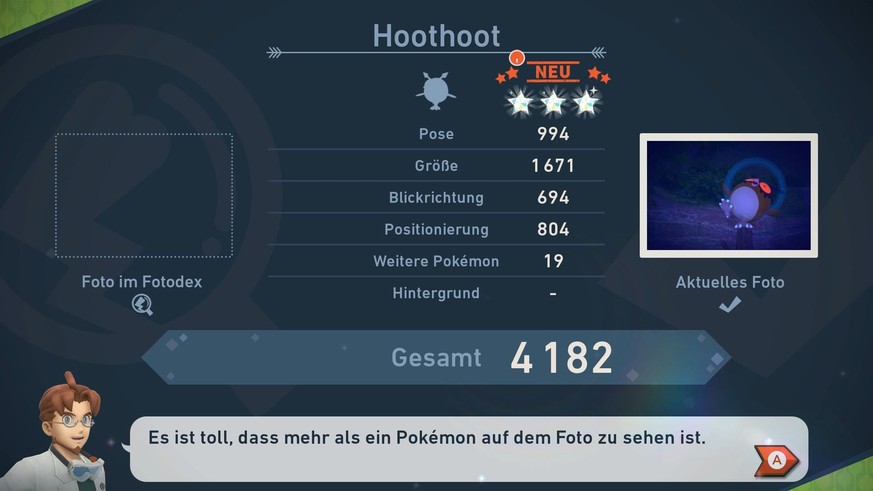 Fotos, die die Pokémon in speziellen Haltungen oder bei besonderen Aktionen zeigen, fallen in höhere Sternkategorien. Für dieses Foto haben wir etwa unsanft einen schlafenden Hoothoot geweckt, wodurch ...