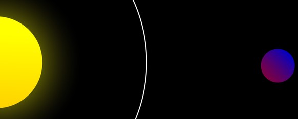<p>Blick von oben auf die Bahnebene des Satelliten: Simulation eines flüssigen Satelliten, der nur durch seine eigene Gravitation zusammengehalten wird. Weit entfernt von der Roche-Grenze bildet ...