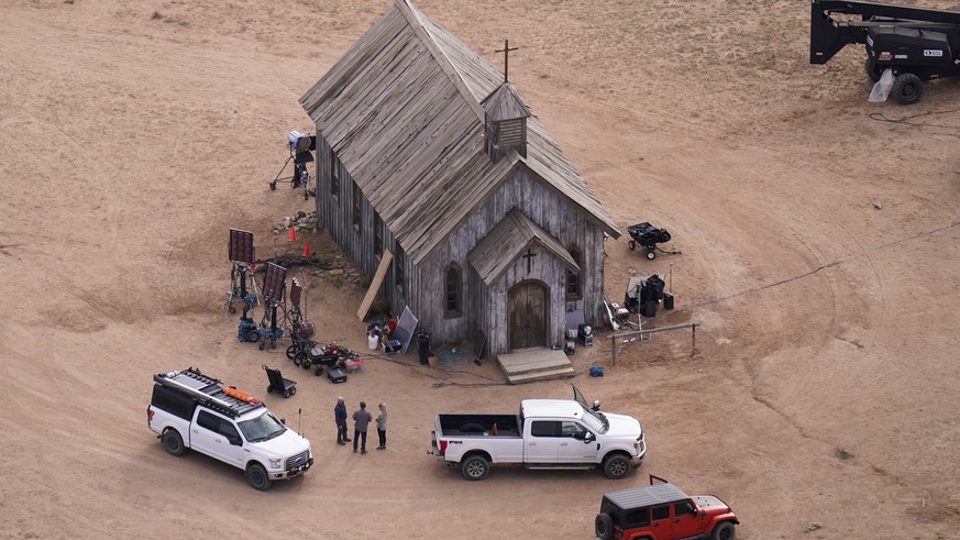 This aerial photo shows the Bonanza Creek Ranch in Santa Fe, N.M., Saturday, Oct. 23, 2021. Actor Alec Baldwin fired a prop gun on the set of a Western being filmed at the ranch on Thursday, Oct. 21,  ...