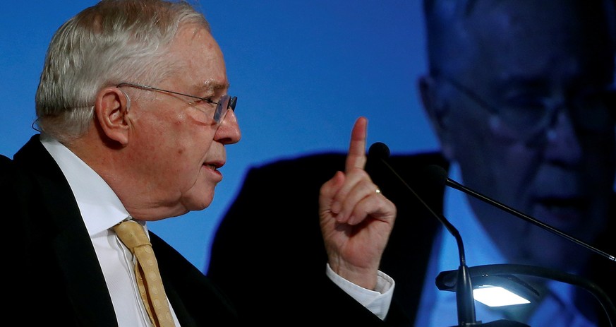 Former Swiss Minister and National Councillor Christoph Blocher of the Swiss People&#039;s Party (SVP) gestures as he makes a speech during the traditional &#039;Albisguetli-Tagung&#039; party meeting ...