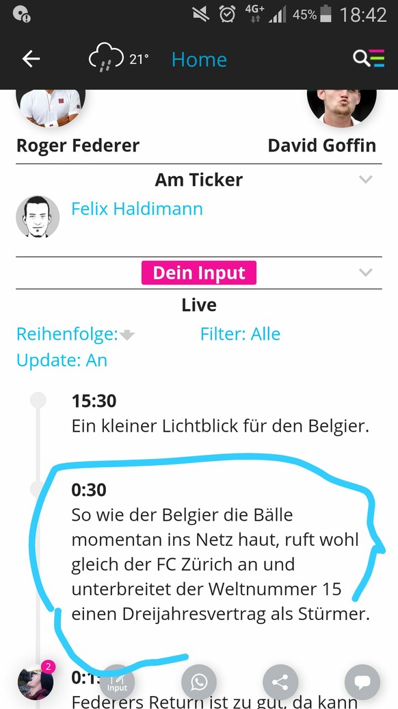 Federer holt den ersten Satz problemlos – und ist im zweiten auf Kurs
Ich feiere Herr Haldimann für das!! :))