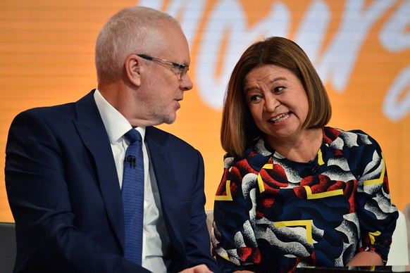epa07050140 (FILE) - Then ABC chairman Justin Milne (L) and Managing Director Michelle Guthrie (R) during the ABC Annual Public Meeting in Ultimo, Sydney, New South Wales, Australia, 09 February 2018  ...