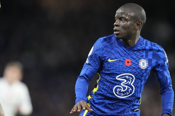 FILE - Chelsea&#039;s N&#039;Golo Kante reacts during the English Premier League soccer match between Chelsea and Burnley at the Stamford Bridge stadium in London, Nov. 6, 2021. Chelsea midfielder N�� ...