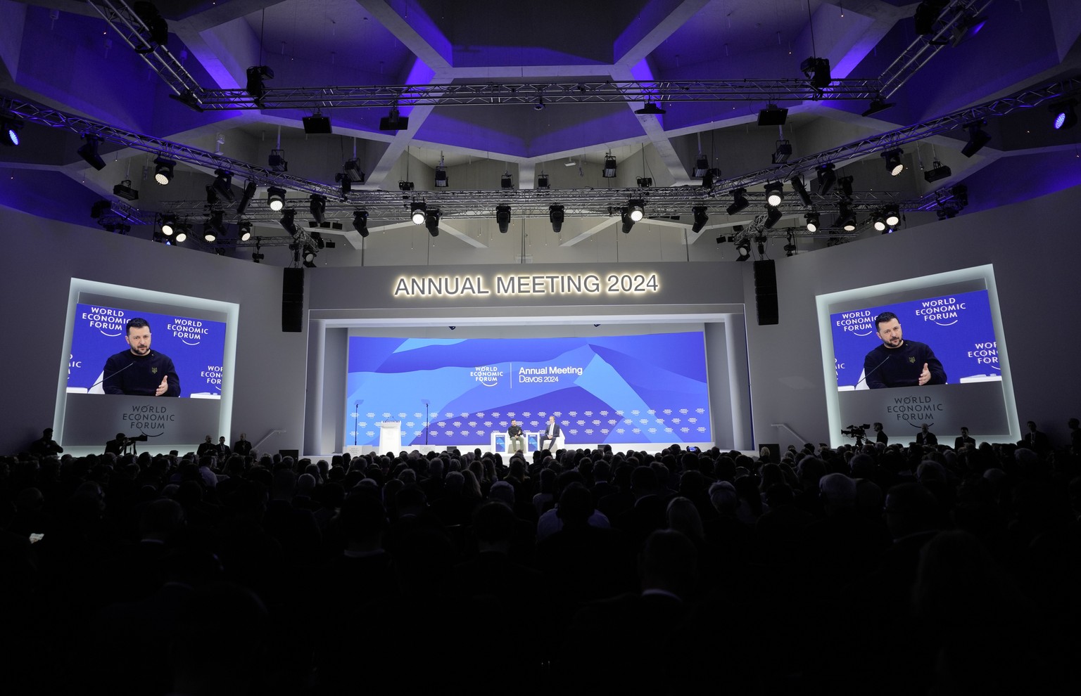 Ukrainian President Volodymyr Zelenskyy addresses attendees after his speech at the Annual Meeting of World Economic Forum in Davos, Switzerland, Tuesday, Jan. 16, 2024. The annual meeting of the Worl ...