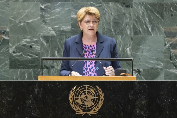 epa11622668 Swiss President Viola Amherd speaks during the General Debate of the 79th session of the United Nations General Assembly at United Nations Headquarters in New York, New York, USA, 24 Septe ...