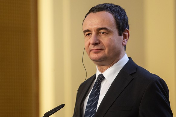 epa10367166 Kosovo Prime Minister Albin Kurti (L) addresses a joint press conference in Prague, Czech Republic, December 15, 2022. Kosovo Prime Minister Kurti submitted a membership application to join…