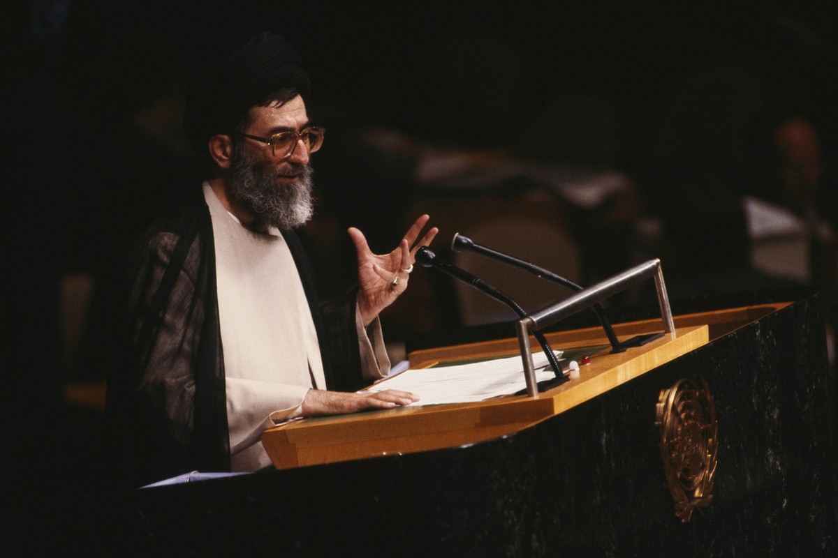 Iranian President Ayatollah Ali Khamenei addresses the UN General Assembly. (Photo by Rick Maiman/Sygma via Getty Images)