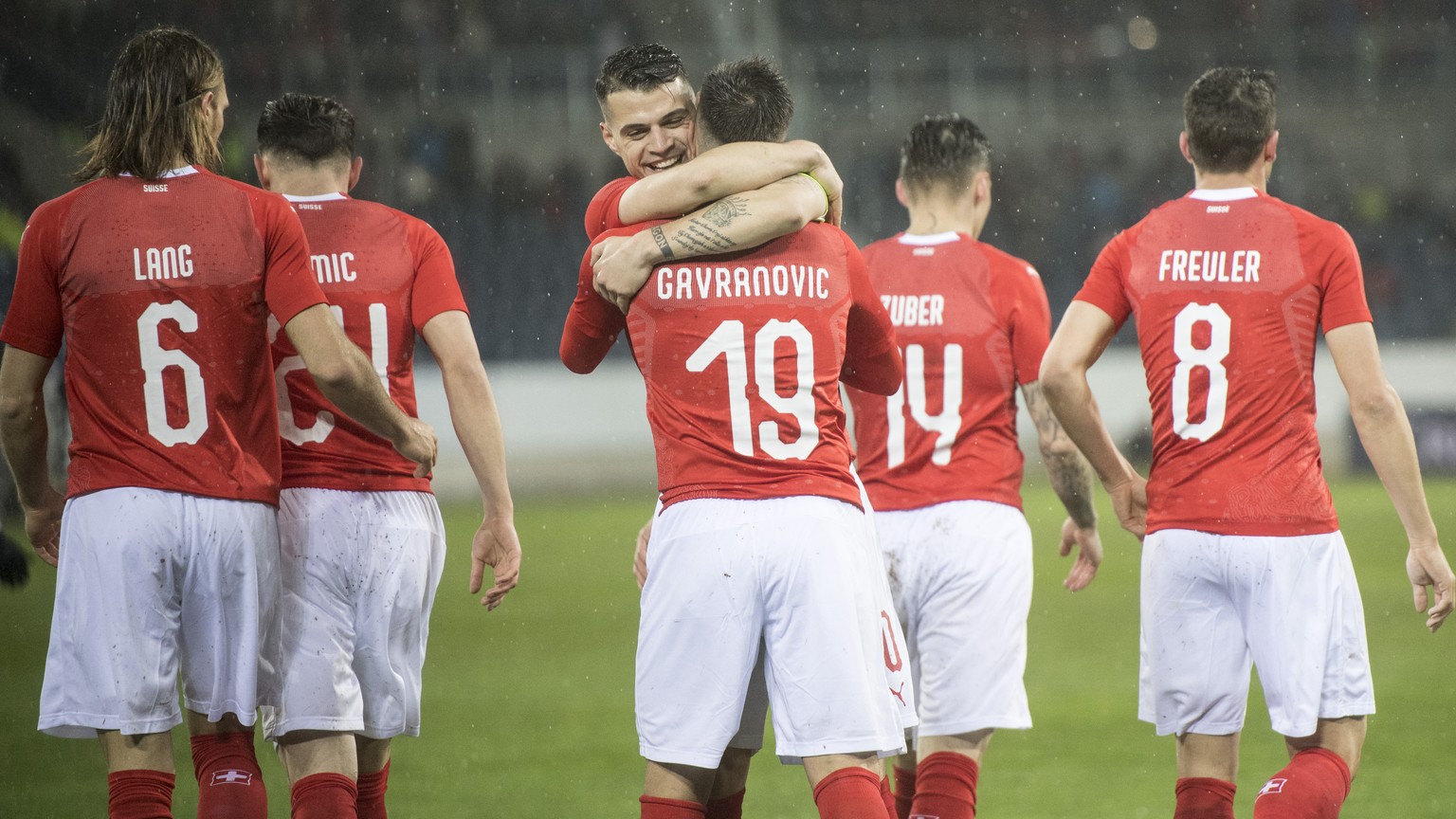 The players of Switzerland reacts after a goal during an international friendly soccer match between Switzerland and Panama at the Swisspor Arena, in Lucerne, Switzerland, Thuesday, March 27, 2018. (K ...