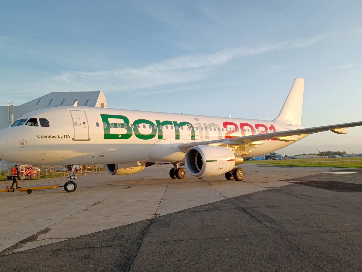 This picture made available by ITA (Italy Air Transportation) on Monday, Oct. 11, 2021, shows one of the company's first Airbus A320 that will start flying as of Oct. 15, 2021. Alitalia, long fin ...