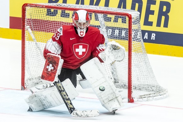 Switzerland&#039;s Leonardo Genoni during the warm up before the game between Switzerland and Russia, at the IIHF 2019 World Ice Hockey Championships, at the Ondrej Nepela Arena in Bratislava, Slovaki ...