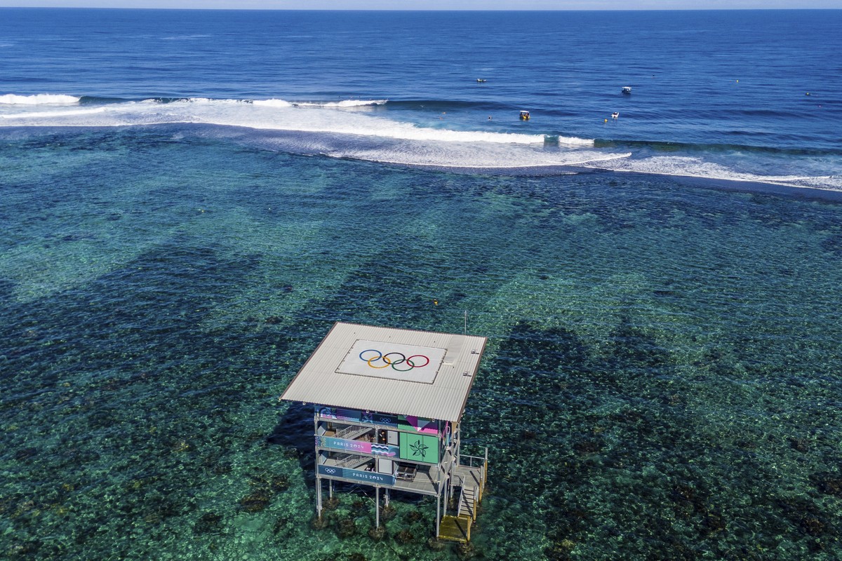 A view of the tower for judges and field of play, during a surfing training session in Teahupo'o, on the French Polynesian Island of Tahiti, ahead of the 2024 Summer Olympics, Sunday, July 21, 20 ...